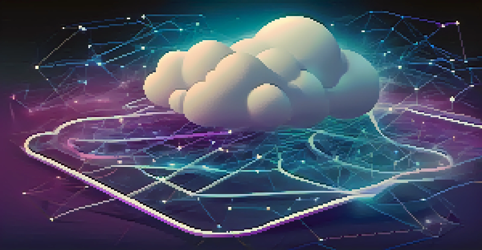 An abstract representation of cloud computing with a digital cloud icon and interconnected nodes.