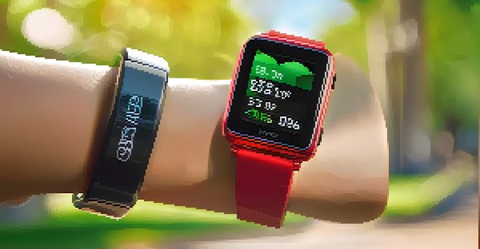 A close-up of a smartwatch showing fitness metrics with a blurred sunny park background.
