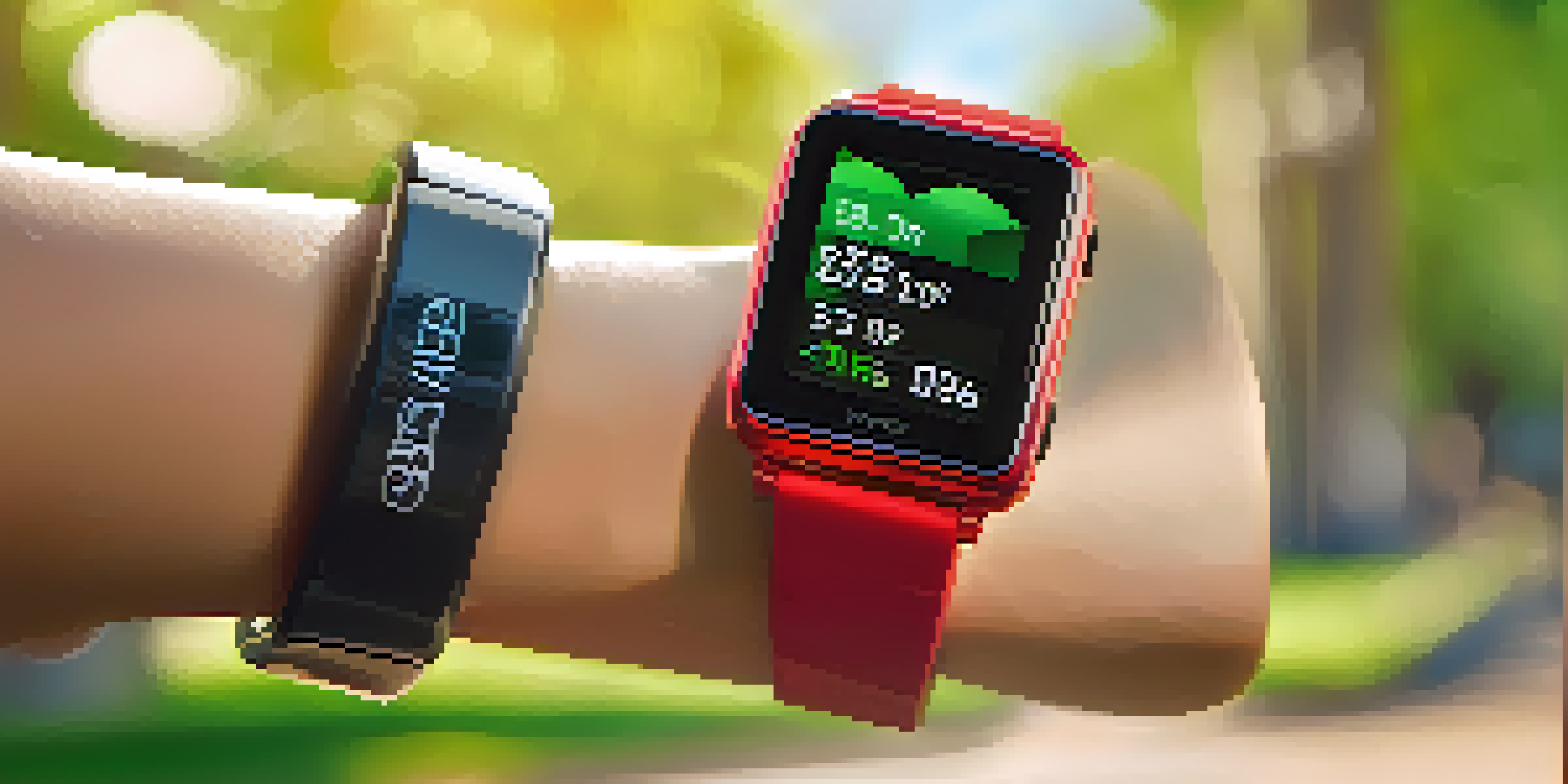 A close-up of a smartwatch showing fitness metrics with a blurred sunny park background.
