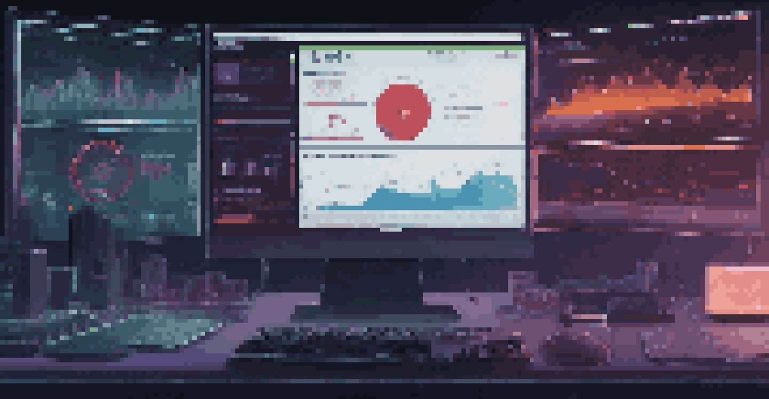 A computer screen showing a cybersecurity dashboard filled with colorful charts and alerts in a dark workspace.