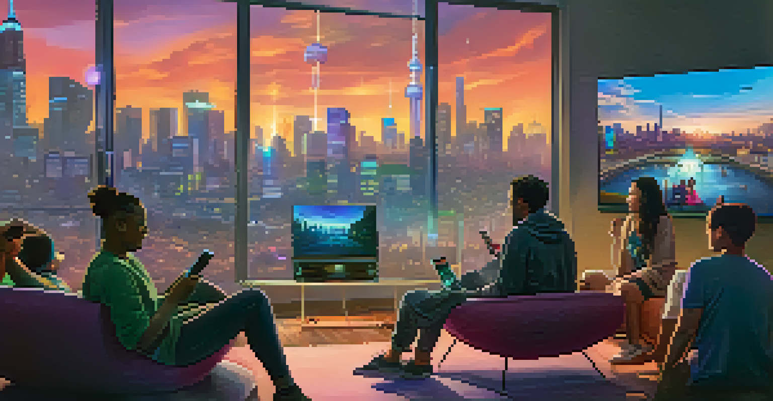 A diverse group of people streaming content on different devices against a vibrant city skyline at dusk.