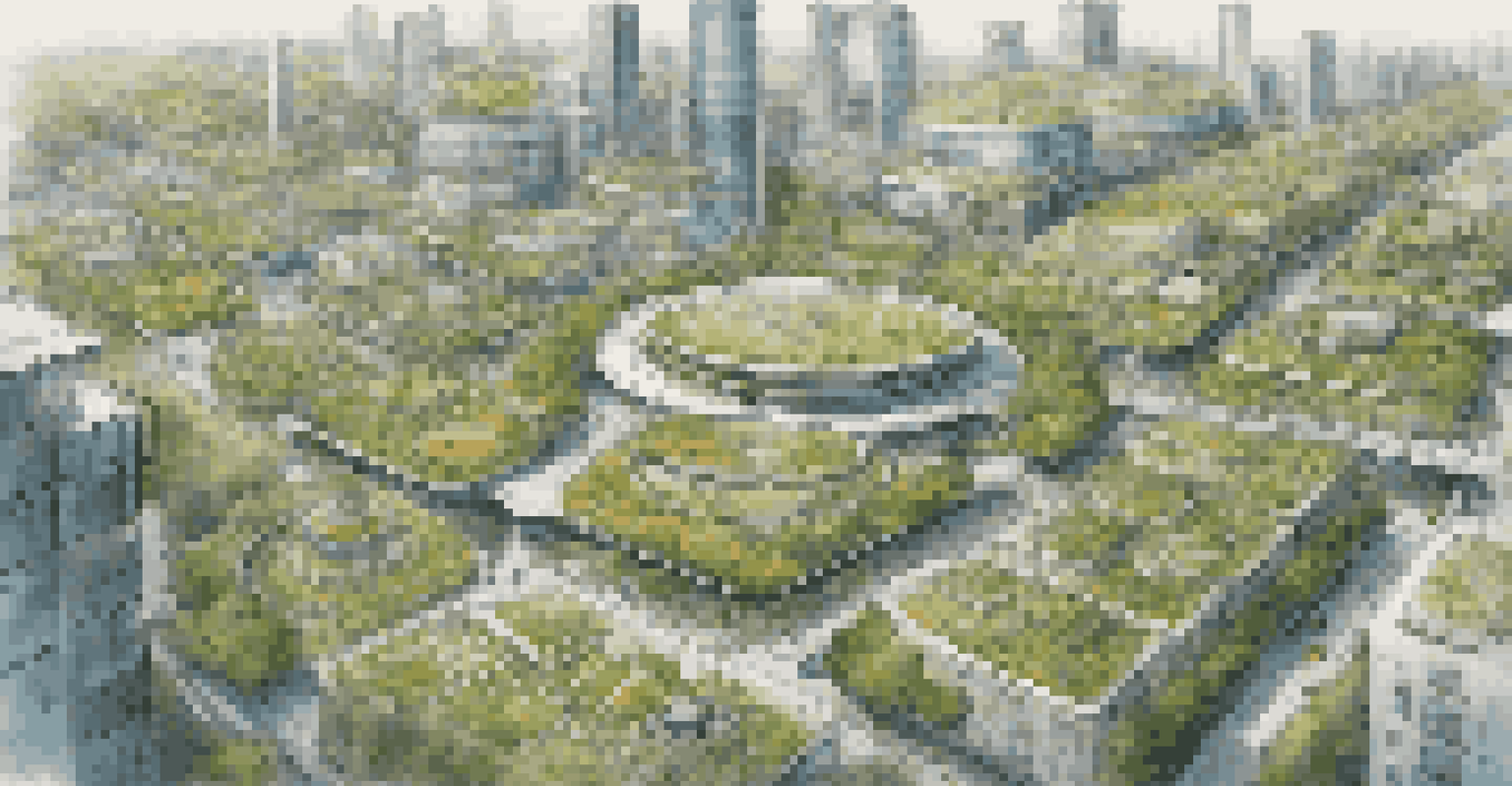 A vibrant smart city seen from above, featuring green rooftops, public transportation, and smart traffic lights, representing urban sustainability.
