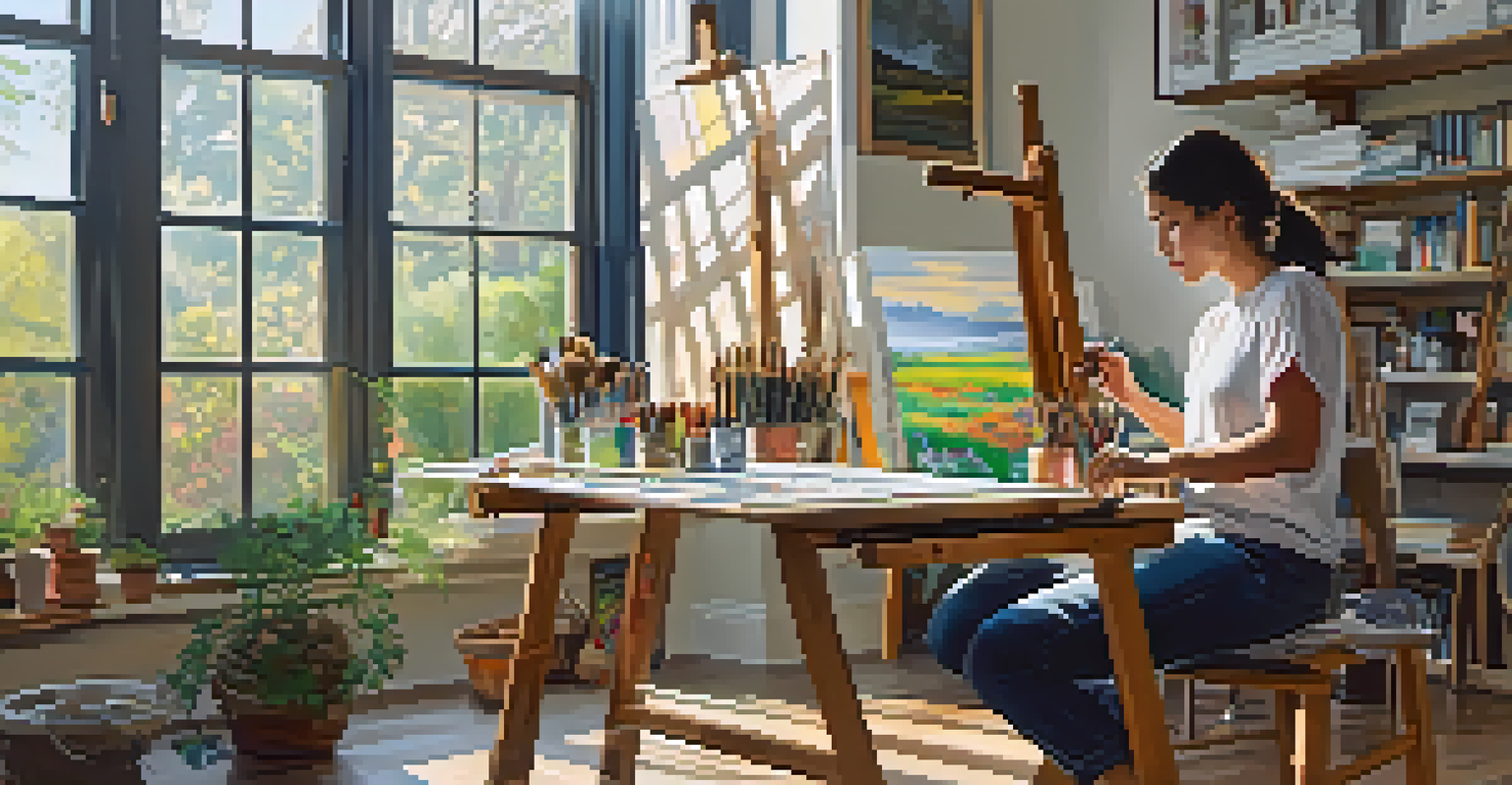 An artist painting in a bright studio filled with art supplies and colorful canvases, with a view of a garden through the windows.