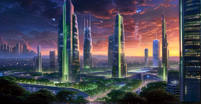 A futuristic city skyline with 5G towers and glowing data streams in twilight, with green parks.