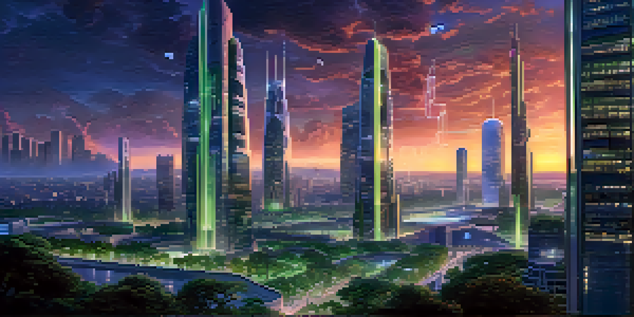 A futuristic city skyline with 5G towers and glowing data streams in twilight, with green parks.
