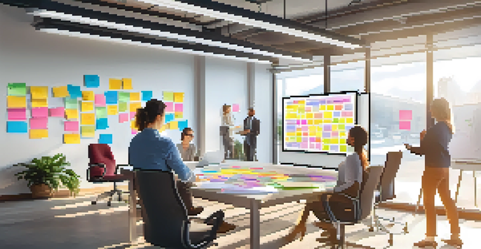 A diverse group of professionals collaborating on a virtual whiteboard in a bright office, with colorful sticky notes and laptops.