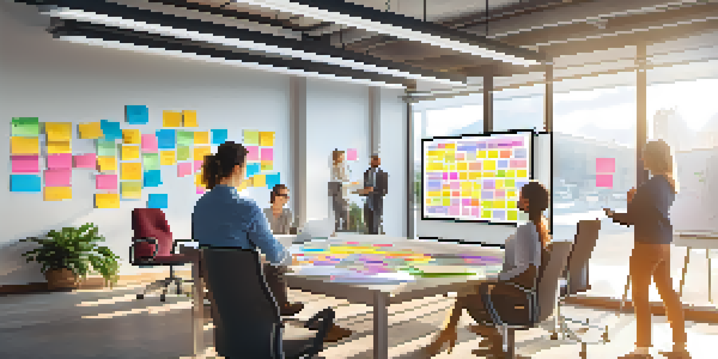 A diverse group of professionals collaborating on a virtual whiteboard in a bright office, with colorful sticky notes and laptops.