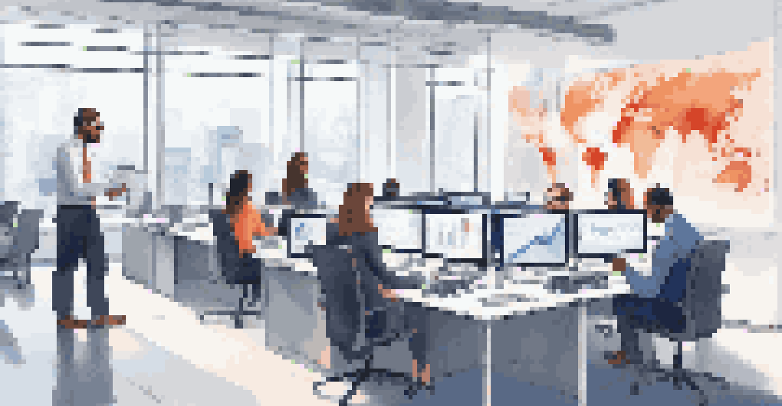 A diverse team of analysts in an office, reviewing data and discussing strategies with a dashboard showing fraud detection metrics in the background.