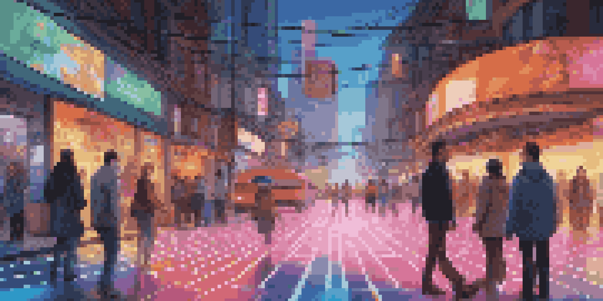 A city street at dusk with colorful holographic advertisements and animated characters interacting with pedestrians under bright neon lights.