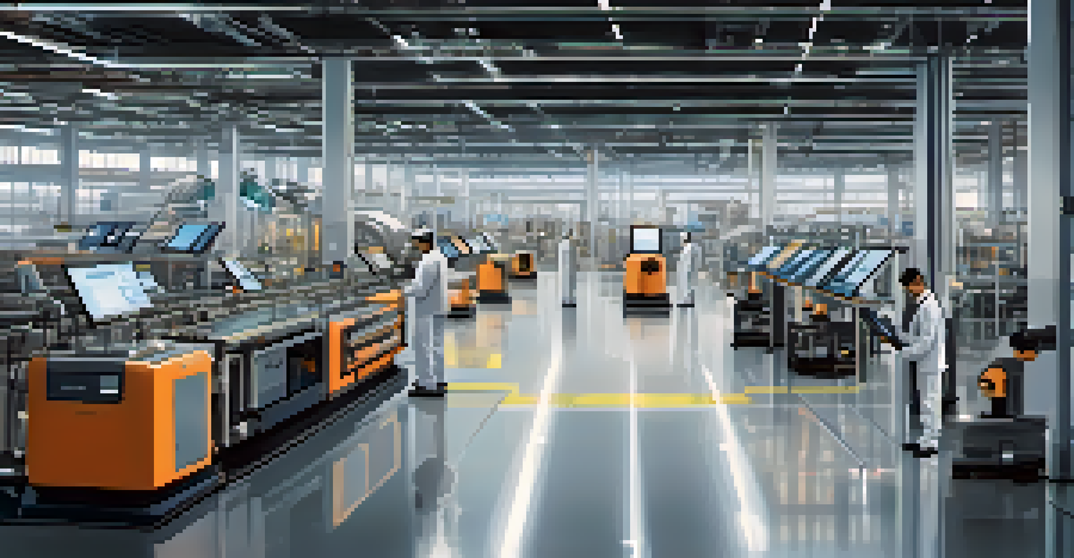 A high-tech manufacturing facility with a worker using a digital dashboard surrounded by advanced machinery and IoT sensors.