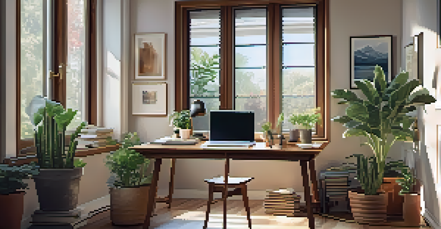 A modern home office with a desk, laptop, and coffee cup, illuminated by natural light.