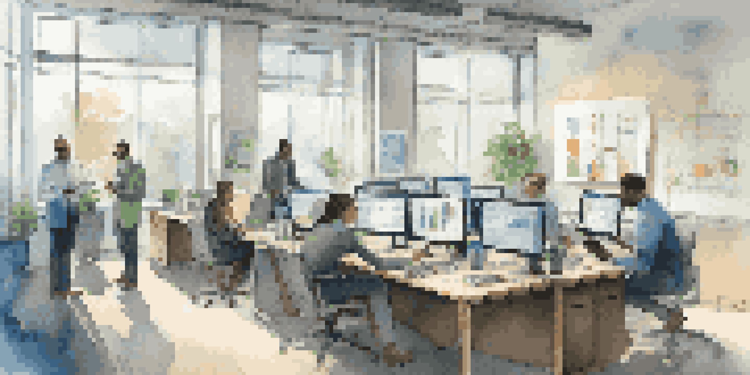 A diverse group of professionals in a bright office space, analyzing data on tablets and screens with charts displayed on the walls.