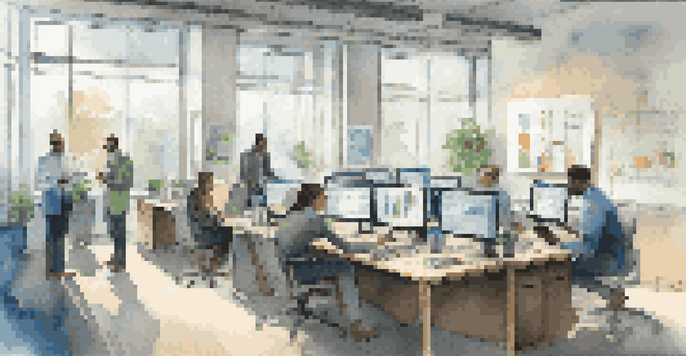 A diverse group of professionals in a bright office space, analyzing data on tablets and screens with charts displayed on the walls.