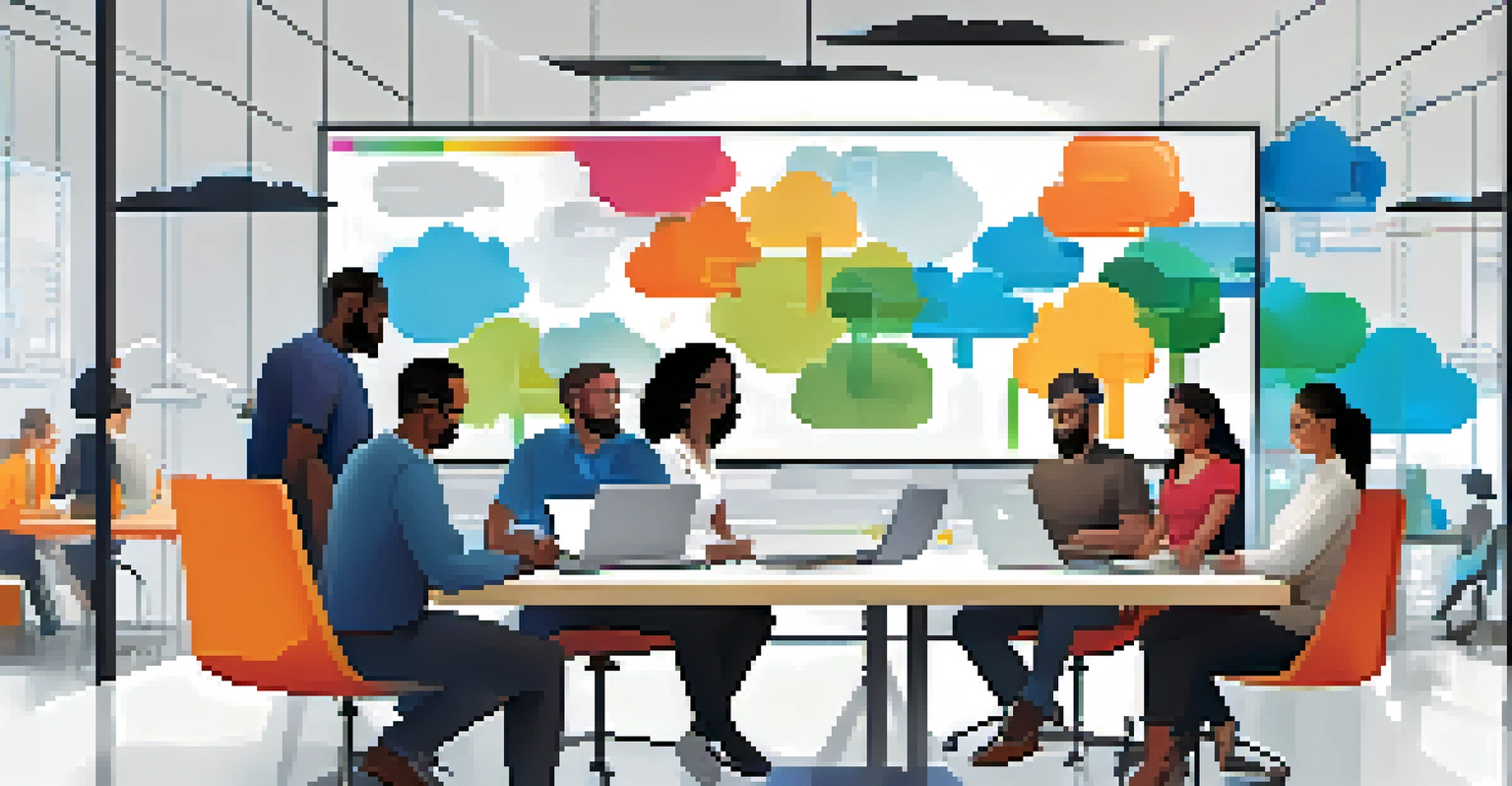 A diverse team collaborating on a project using laptops and tablets in a bright office setting.