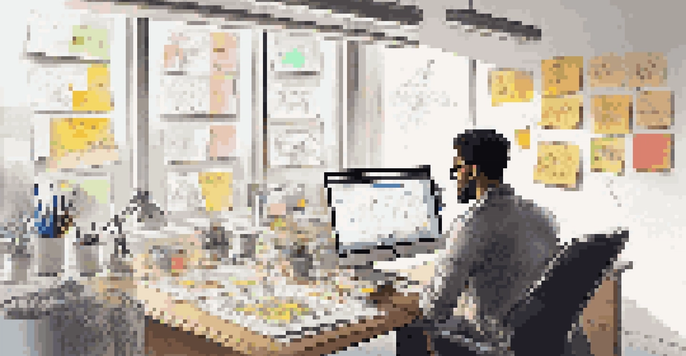 A designer working in a bright and colorful workspace filled with sketches, digital tools, and user feedback data on a screen.