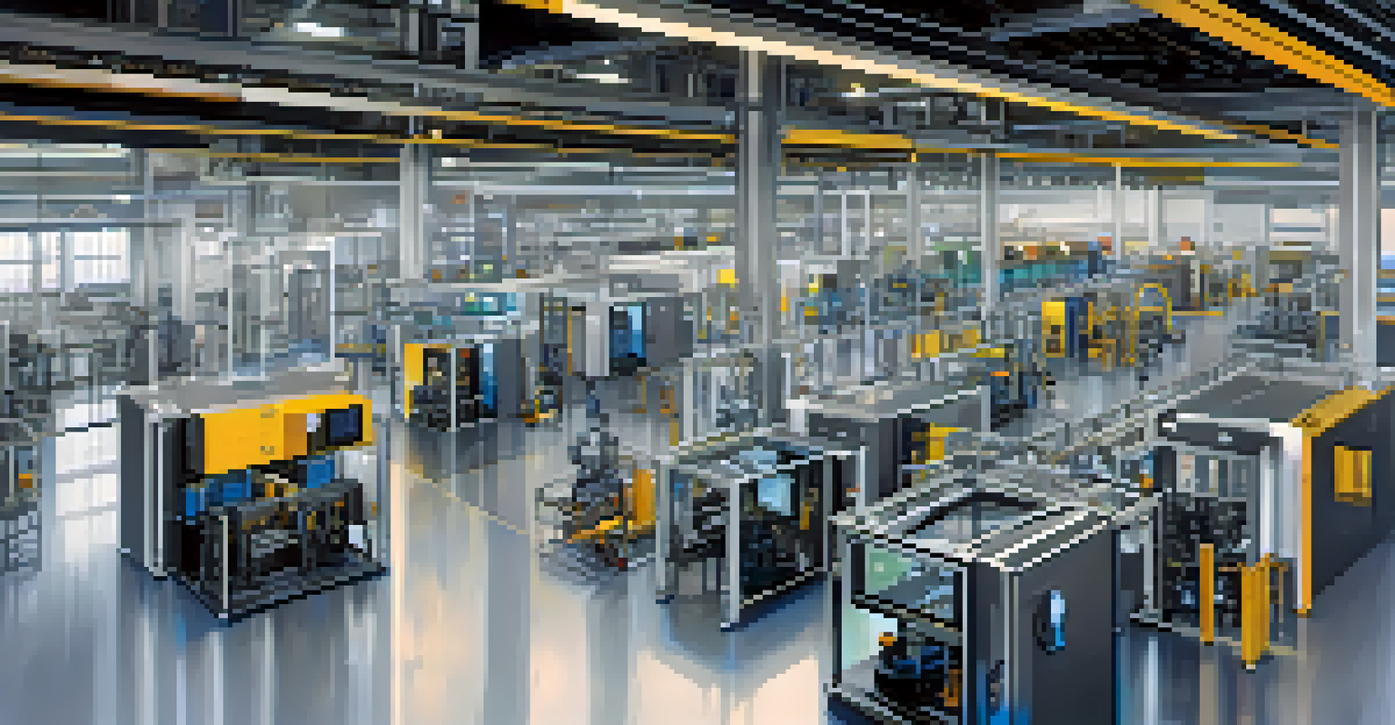Inside a modern manufacturing plant with machinery and digital screens showing real-time analytics.