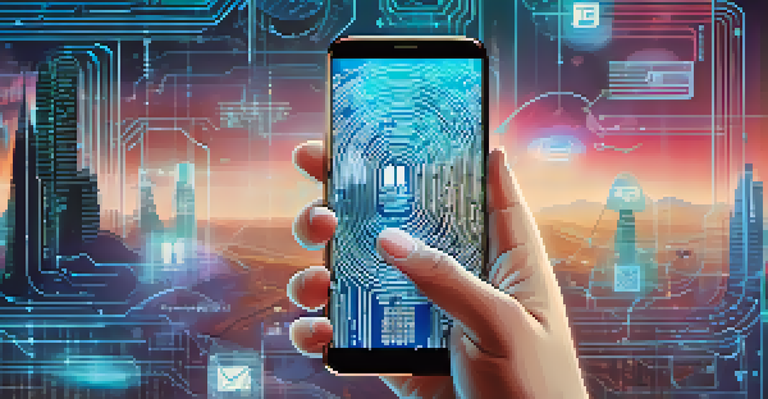 An abstract illustration of multi-factor authentication with a smartphone and fingerprint scanner in a digital environment.