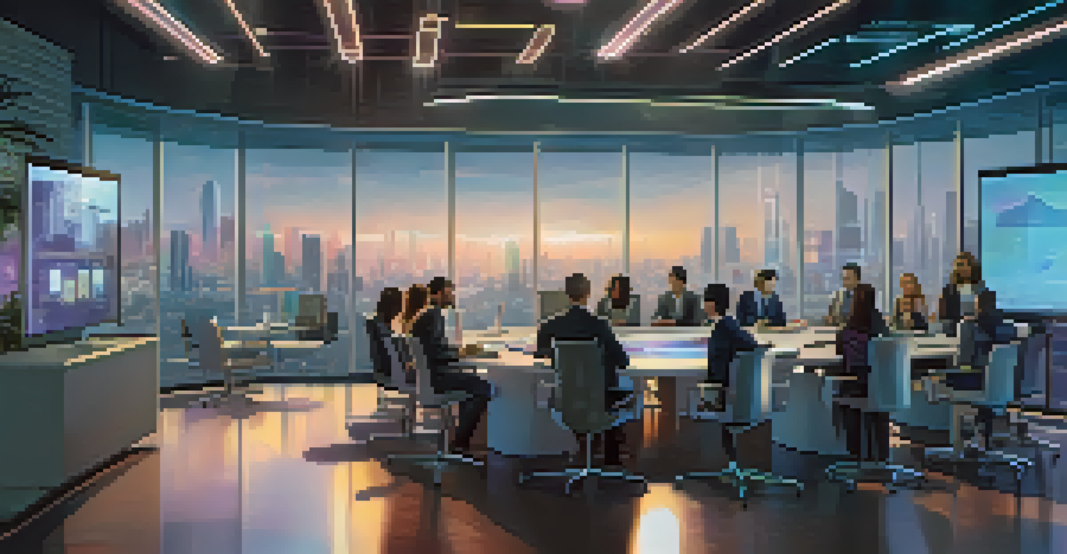 A diverse group of people in a futuristic meeting room discussing user privacy with holographic displays, overlooking a city skyline at dusk.