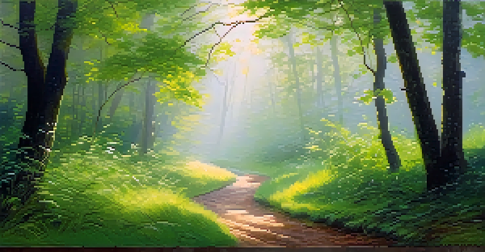 A peaceful forest path with sunlight filtering through leaves and mist on the ground.