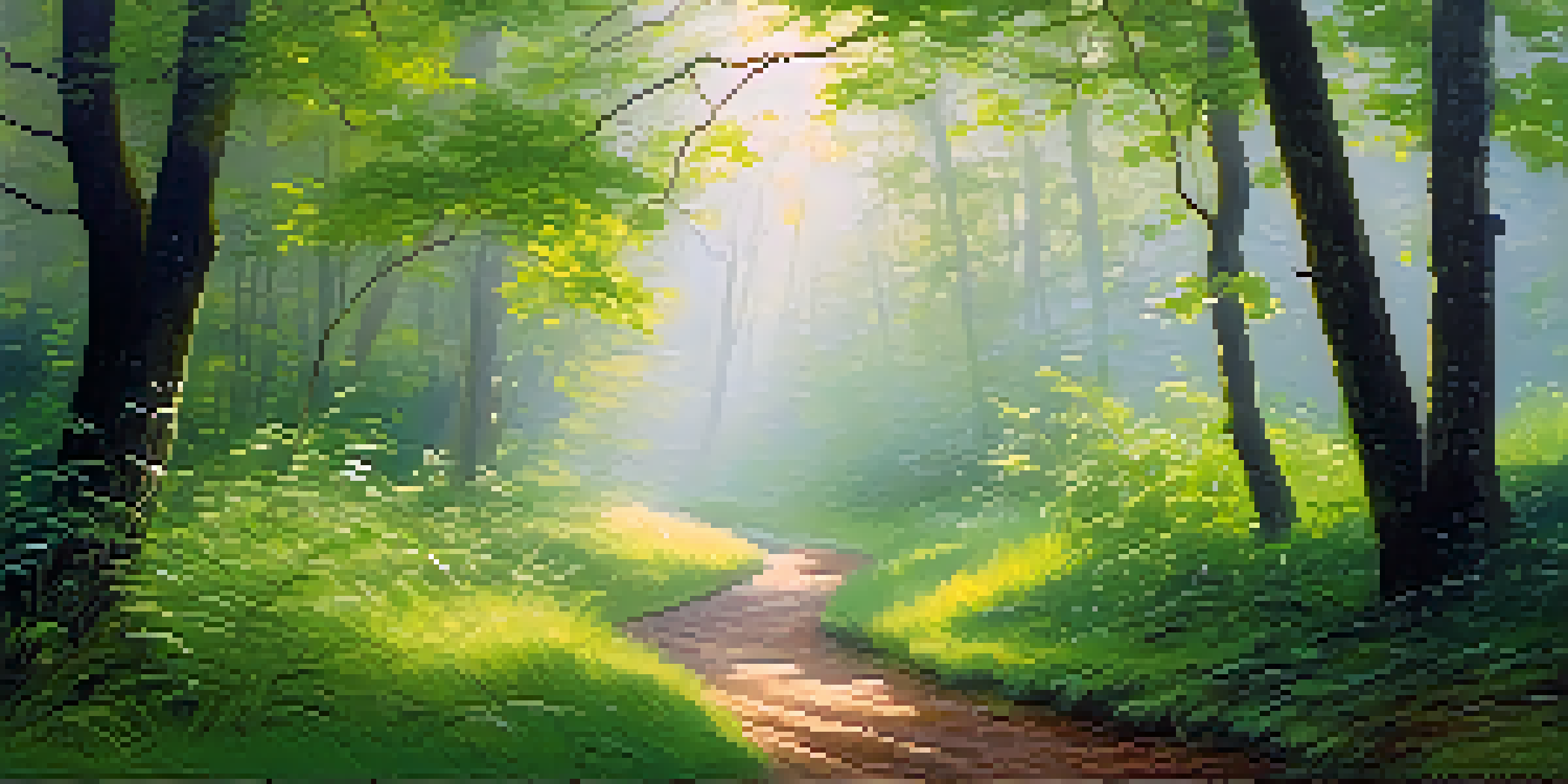A peaceful forest path with sunlight filtering through leaves and mist on the ground.
