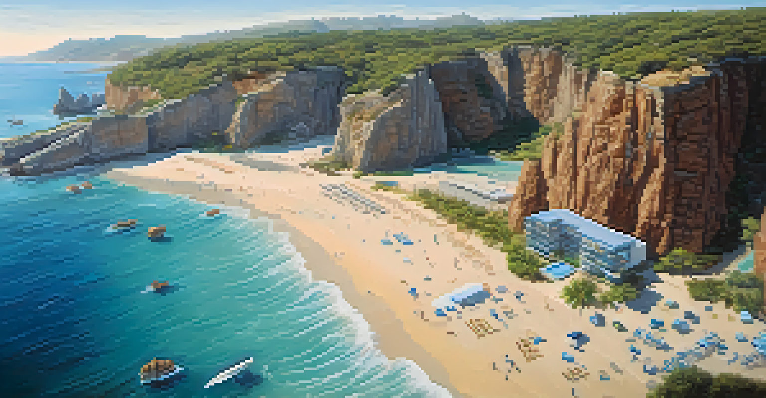 Aerial view of a coastal area with drones collecting data over the ocean, surrounded by blue water and sandy beaches.