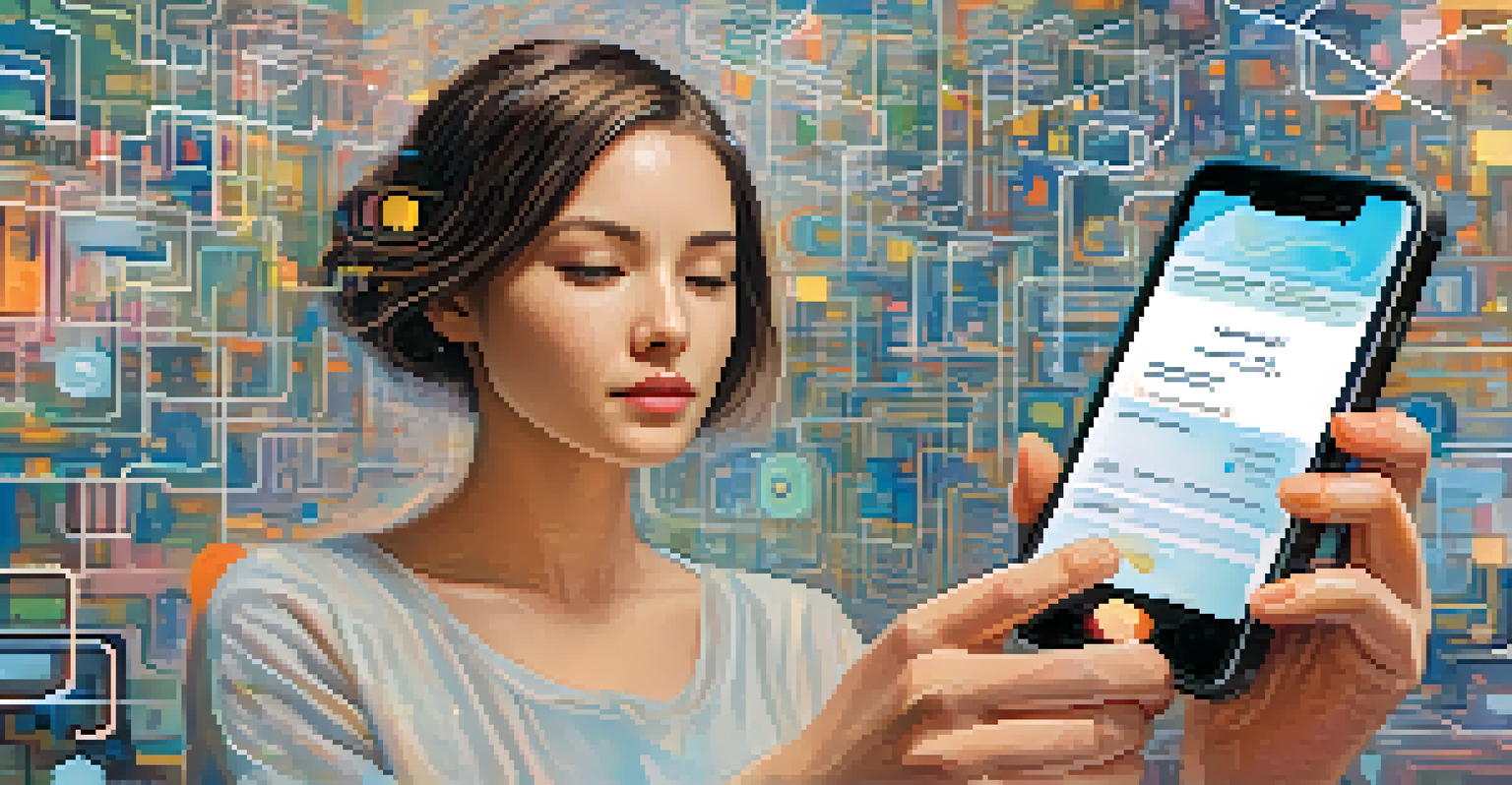 A person confidently holding a smartphone showing a digital identity card, with abstract data streams and locks in the background.