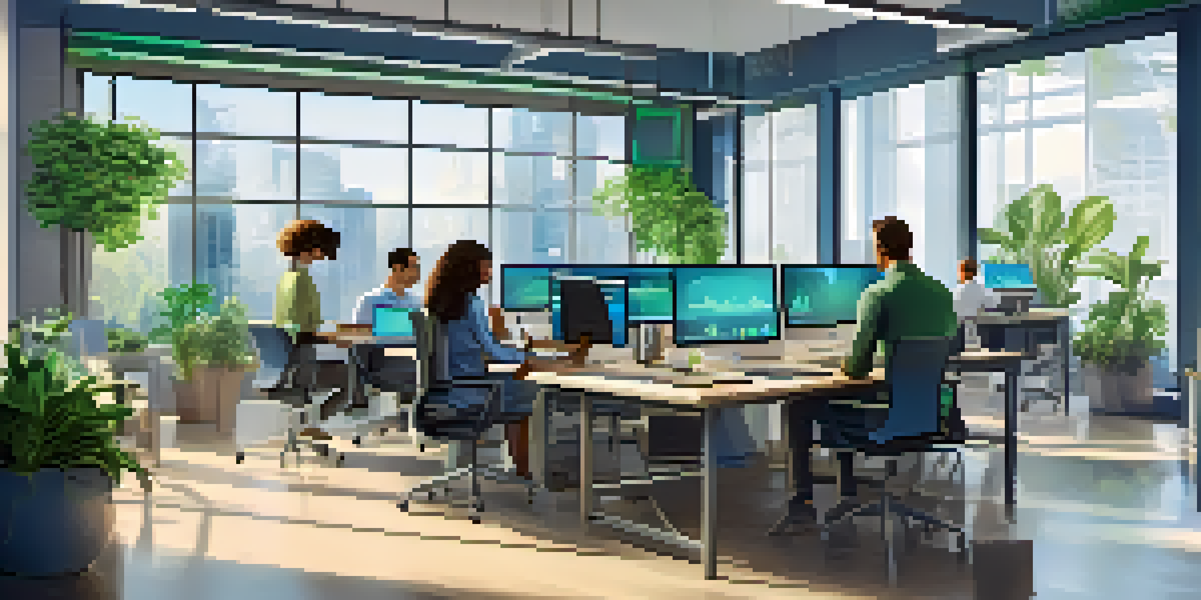 A diverse group of professionals working together in a bright modern office, discussing data privacy strategies with digital devices.