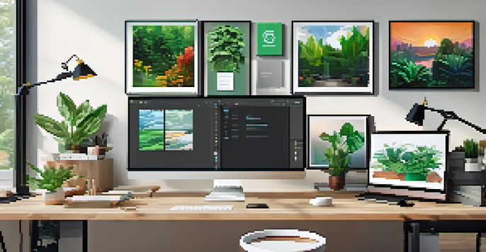 A modern office workspace with a large monitor displaying a Digital Asset Management interface and colorful digital assets, surrounded by houseplants and natural light.
