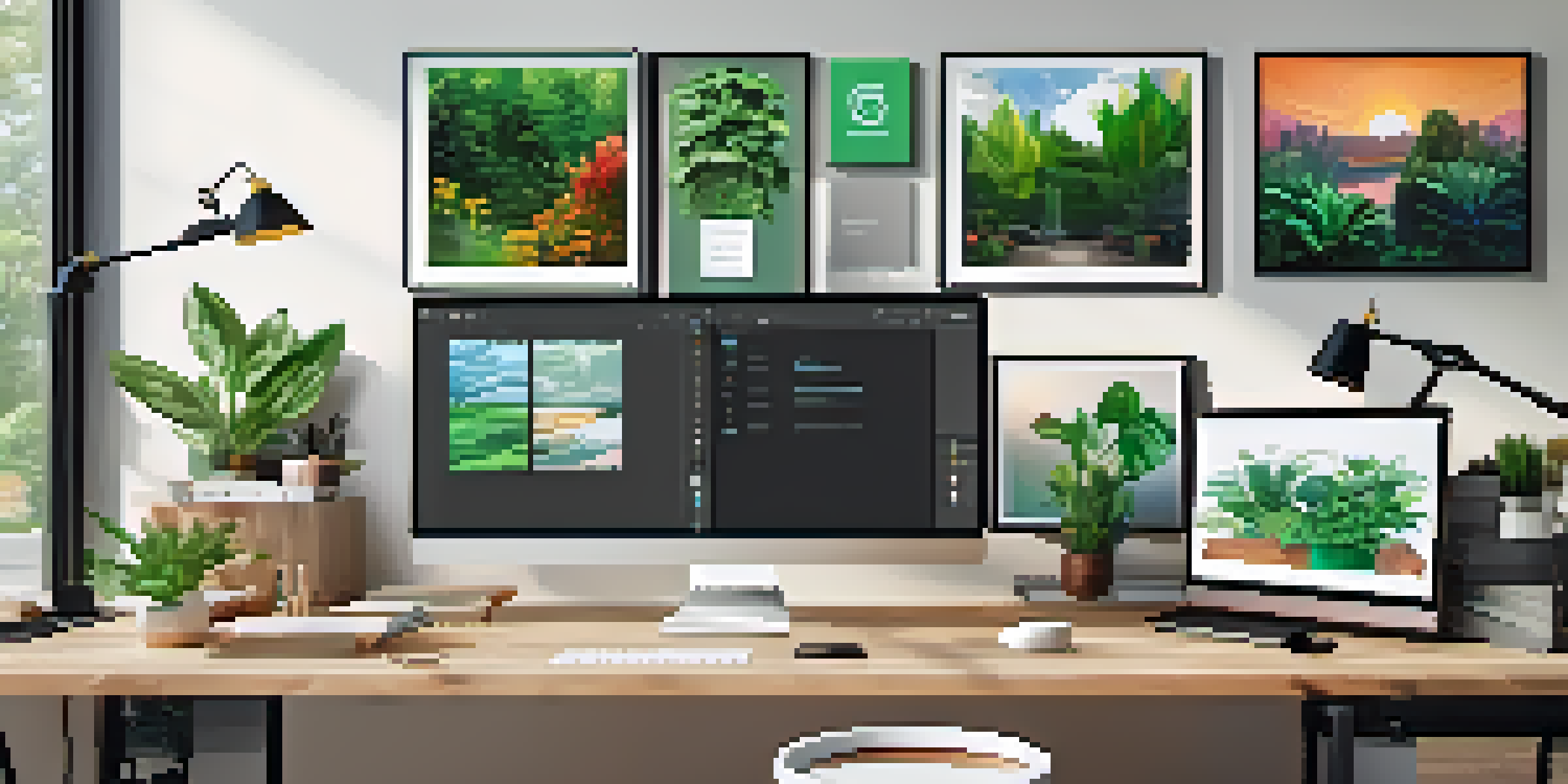 A modern office workspace with a large monitor displaying a Digital Asset Management interface and colorful digital assets, surrounded by houseplants and natural light.