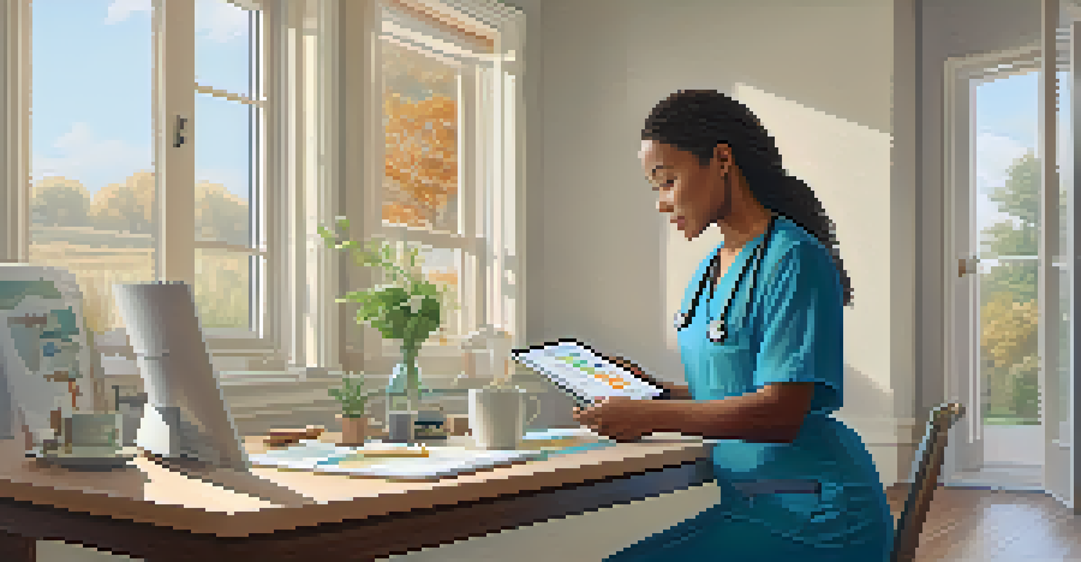 A healthcare worker in a home office uploading patient imaging results on a tablet, with a bright window view.