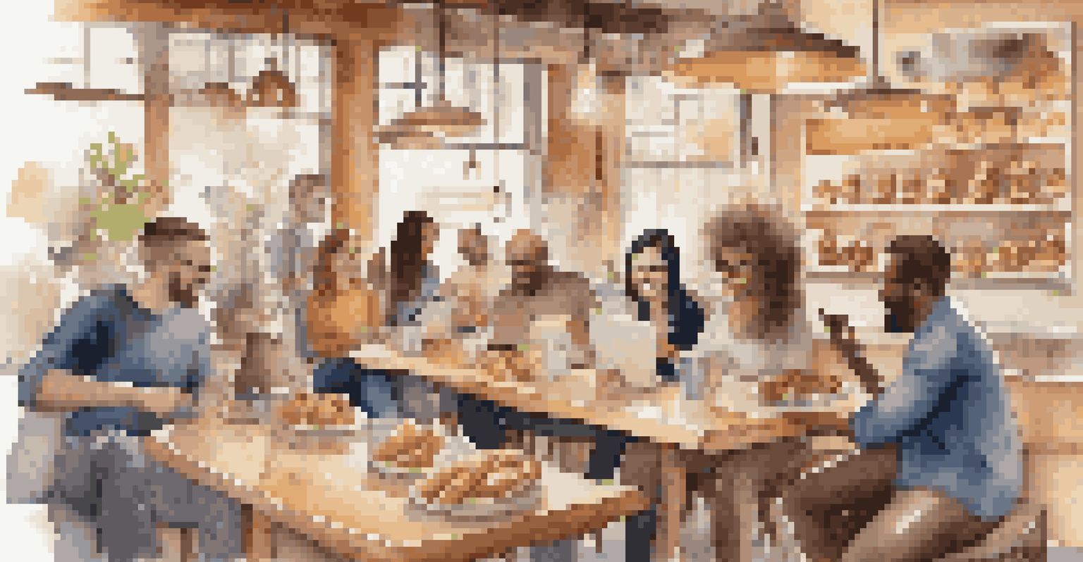 A diverse group of people in a café sharing curated content on their devices, surrounded by pastries and warm lighting.