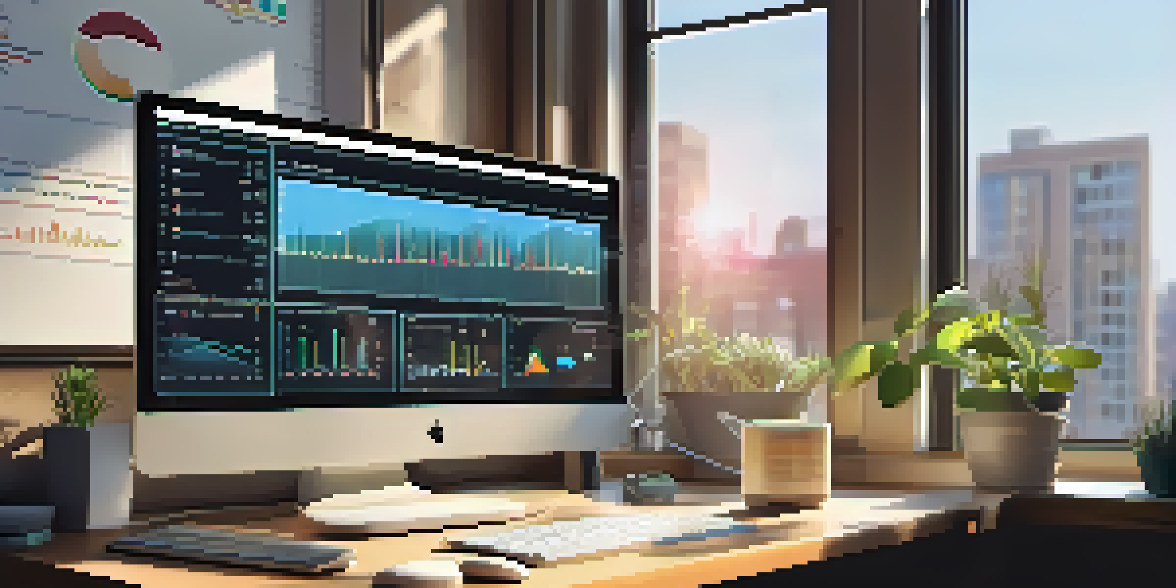 A close-up of a computer screen showing colorful data visualizations in an organized office setting, illuminated by natural light.