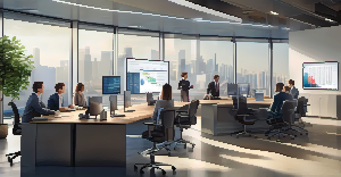 A diverse group of employees in a modern office discussing data privacy regulations with documents and laptops on a conference table.