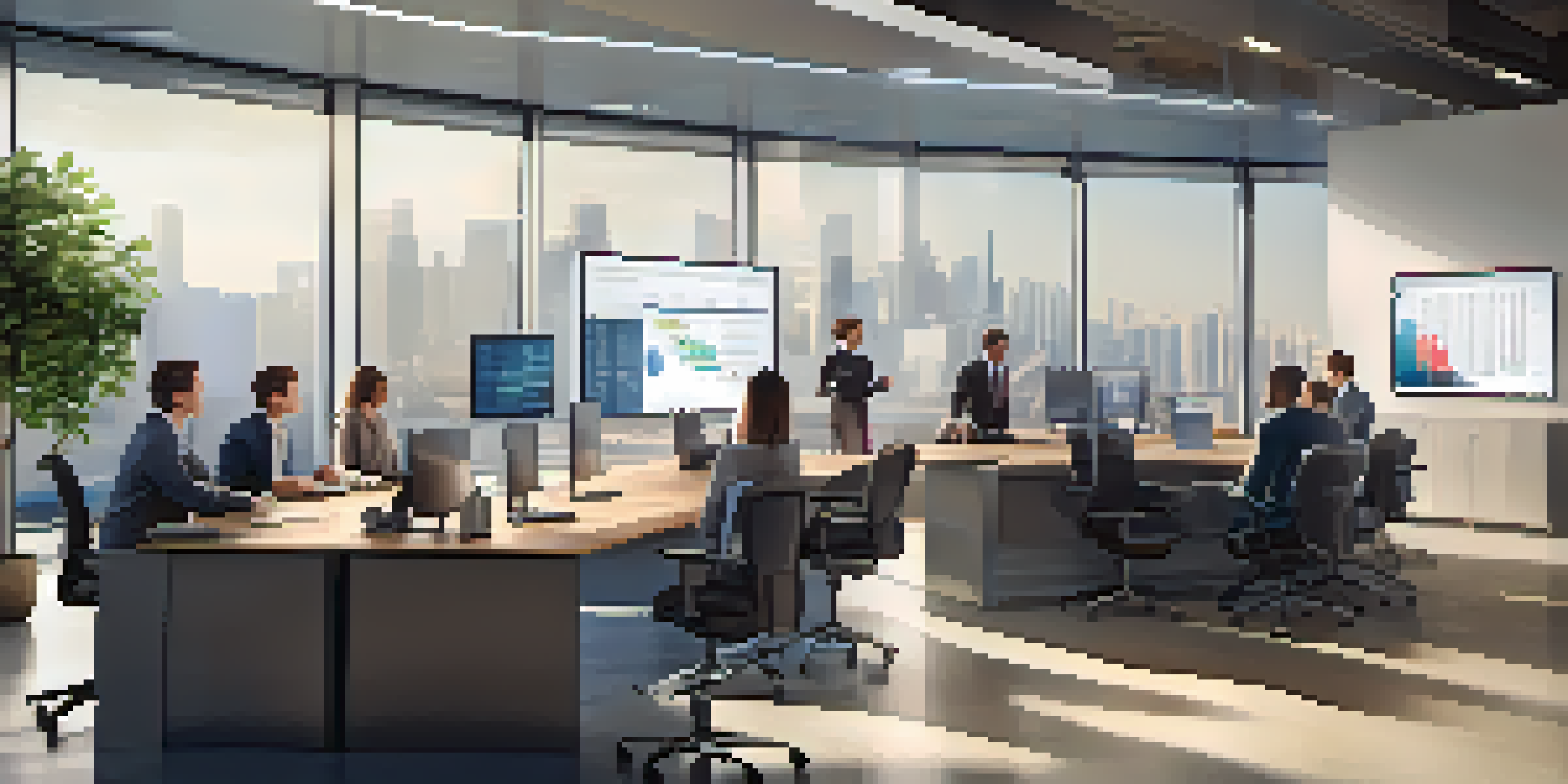 A diverse group of employees in a modern office discussing data privacy regulations with documents and laptops on a conference table.