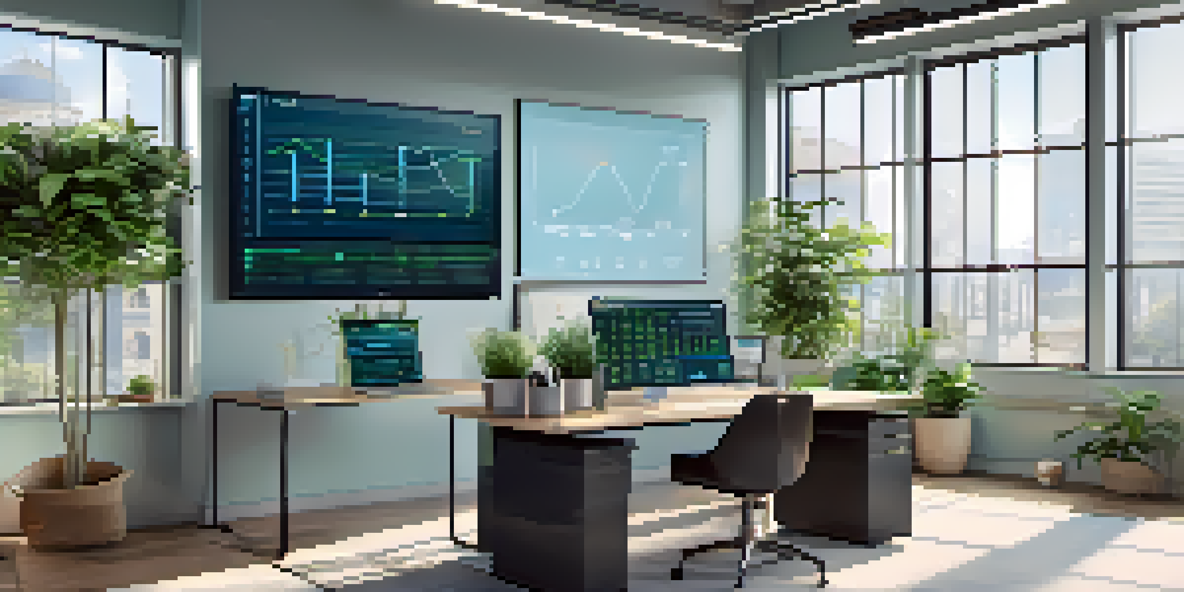 A bright office with a computer screen showing data integrity metrics, surrounded by plants and modern decor.