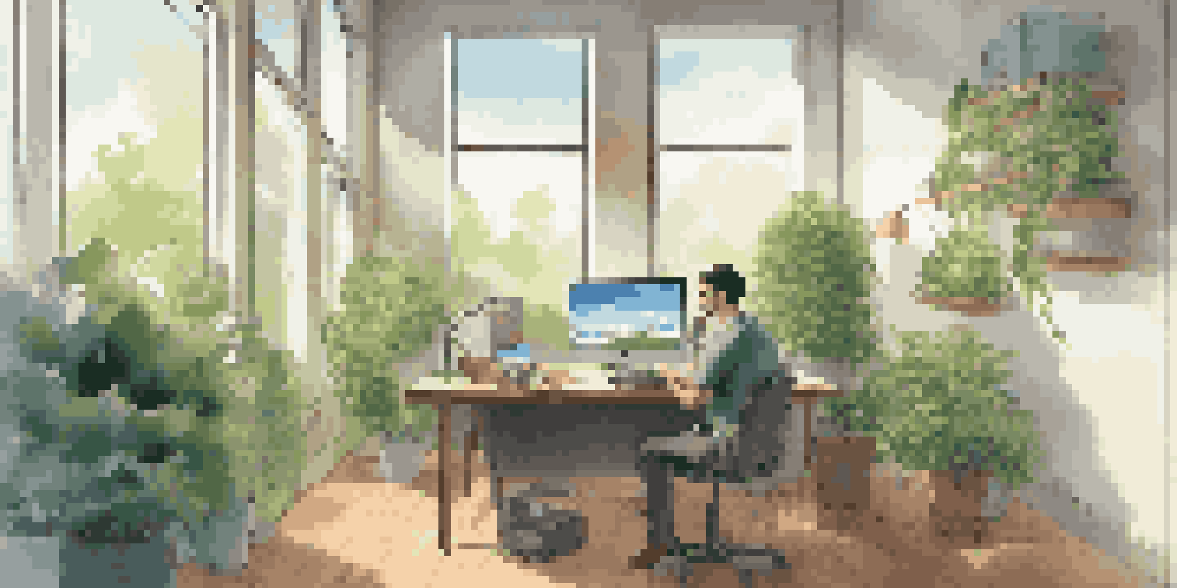 A developer working on a laptop in a bright office, with digital graphics of cloud computing around them.
