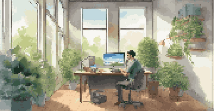 A developer working on a laptop in a bright office, with digital graphics of cloud computing around them.