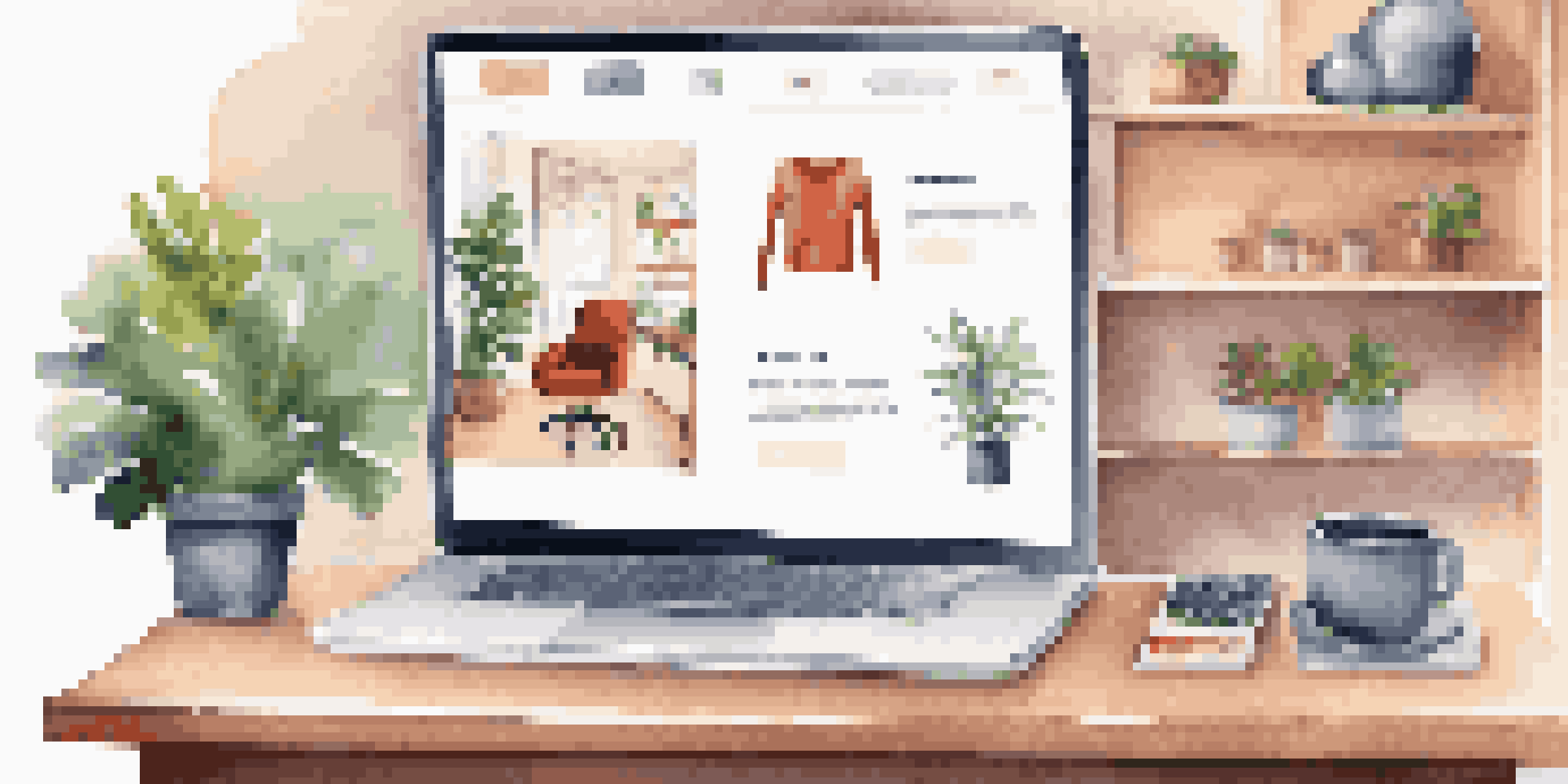 A cozy home workspace with a laptop open to an online shopping site, surrounded by plants and soft lighting.