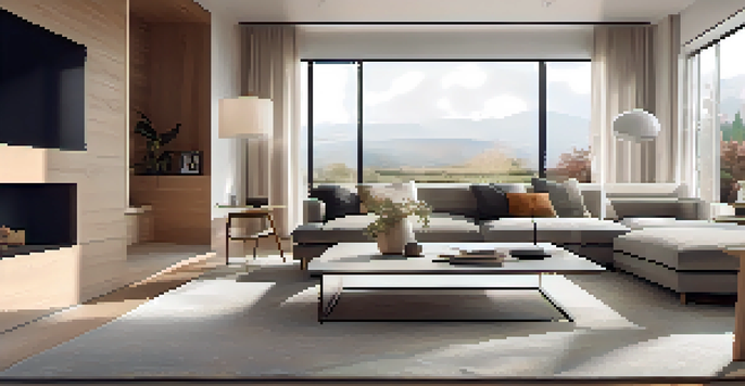 A contemporary living room with smart home devices, bright natural light, and a minimalist design.