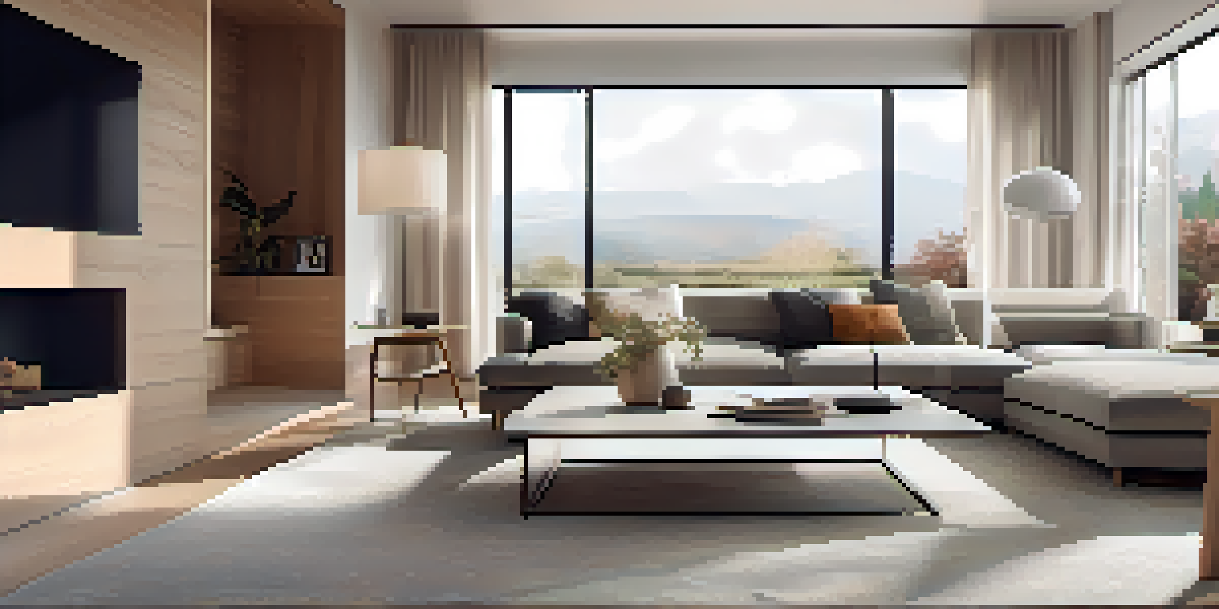A contemporary living room with smart home devices, bright natural light, and a minimalist design.