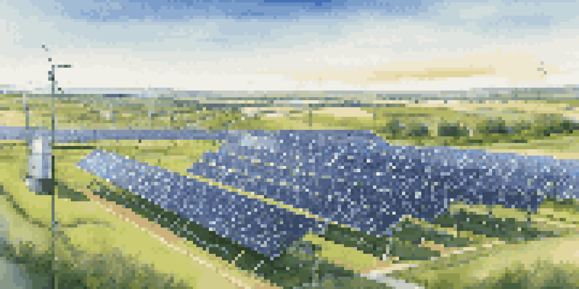 A solar farm featuring solar panels and smart sensors under a clear blue sky, emphasizing the connection between technology and renewable energy.