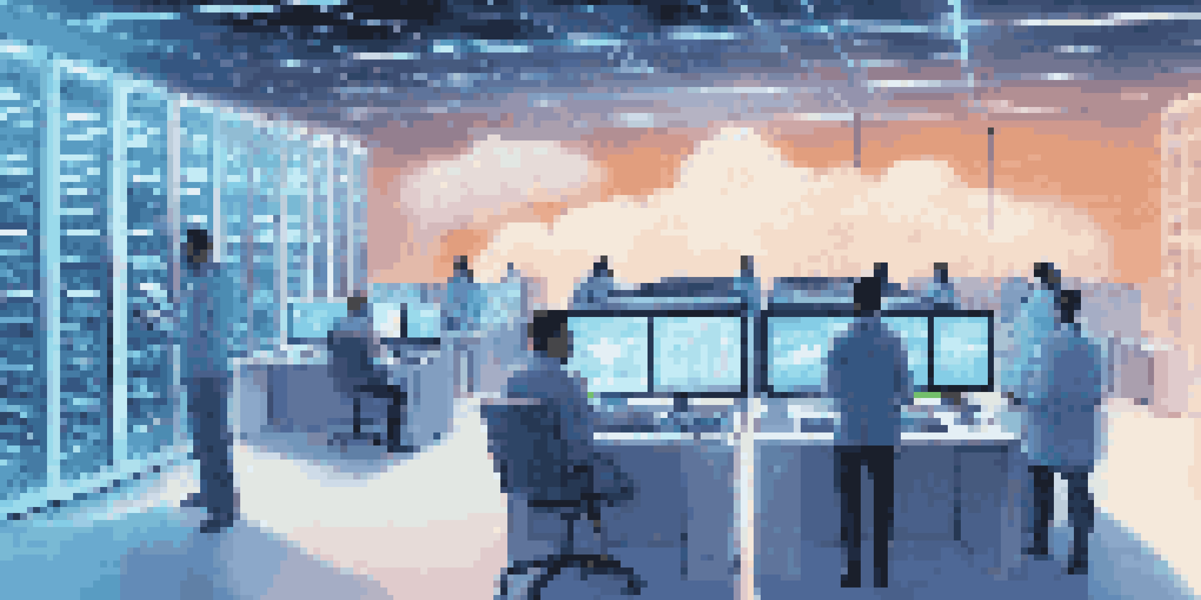 A diverse team of professionals assessing cloud security in a futuristic data center filled with glowing servers.