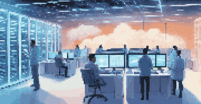 A diverse team of professionals assessing cloud security in a futuristic data center filled with glowing servers.