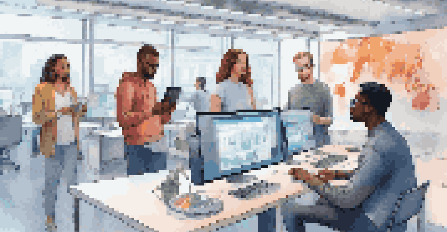 A diverse group of people in a bright workspace managing their digital identities on devices, with holographic displays and security symbols.