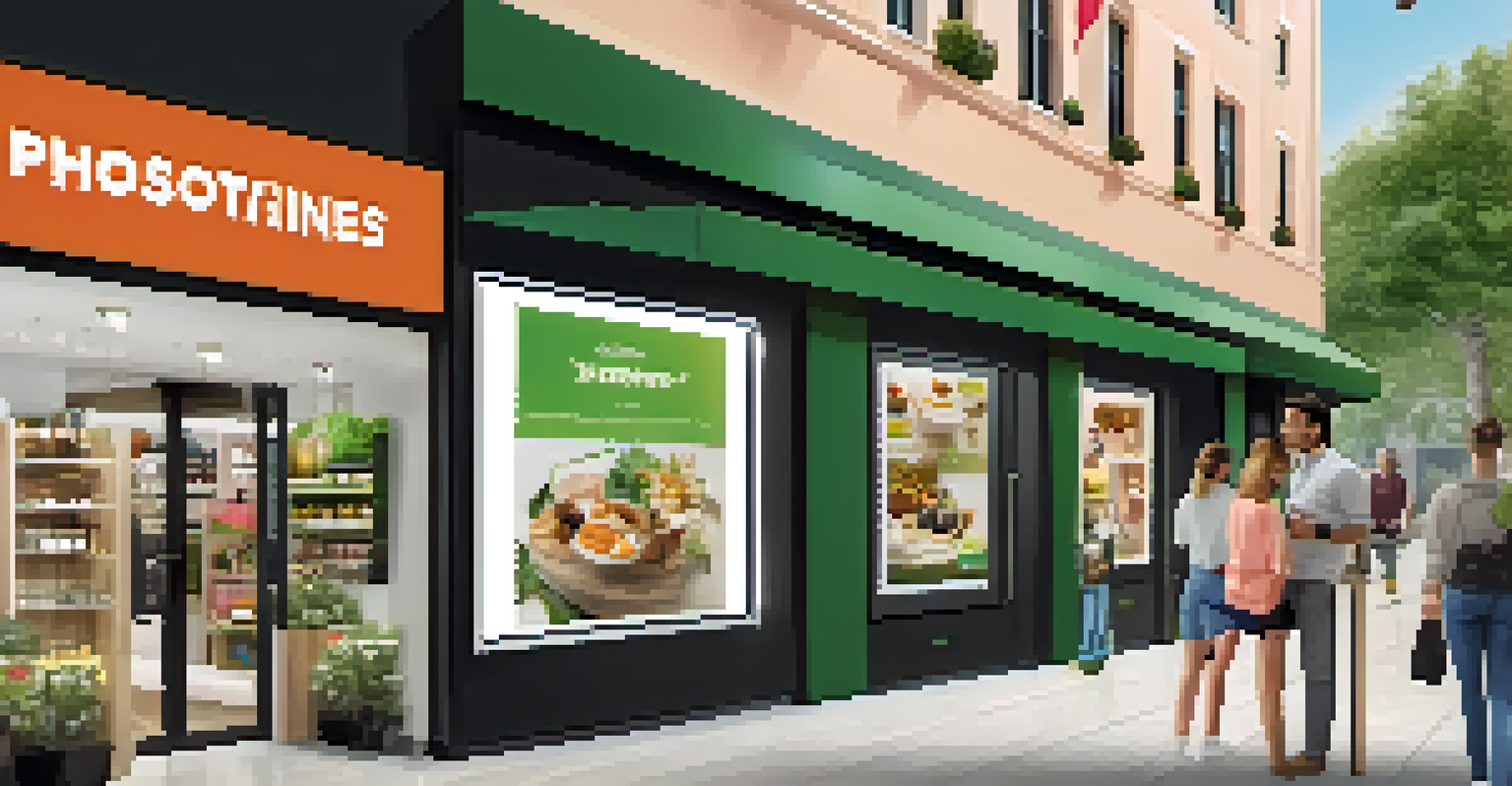 An outdoor view of a modern retail store with digital screens displaying personalized promotions and shoppers interacting with their mobile devices.