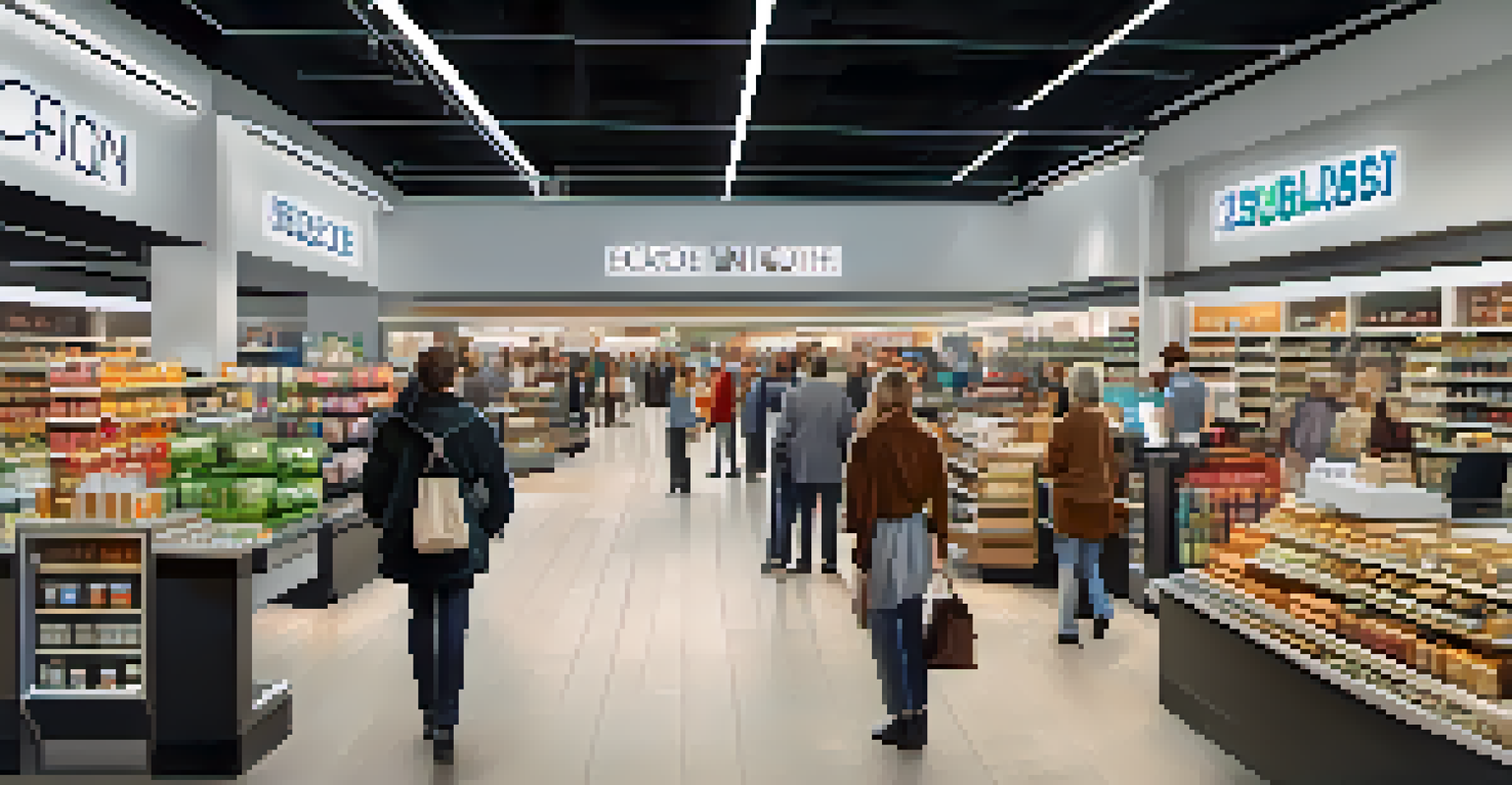 A busy checkout area in a retail store with automated payment systems processing transactions as customers walk out with their purchases.