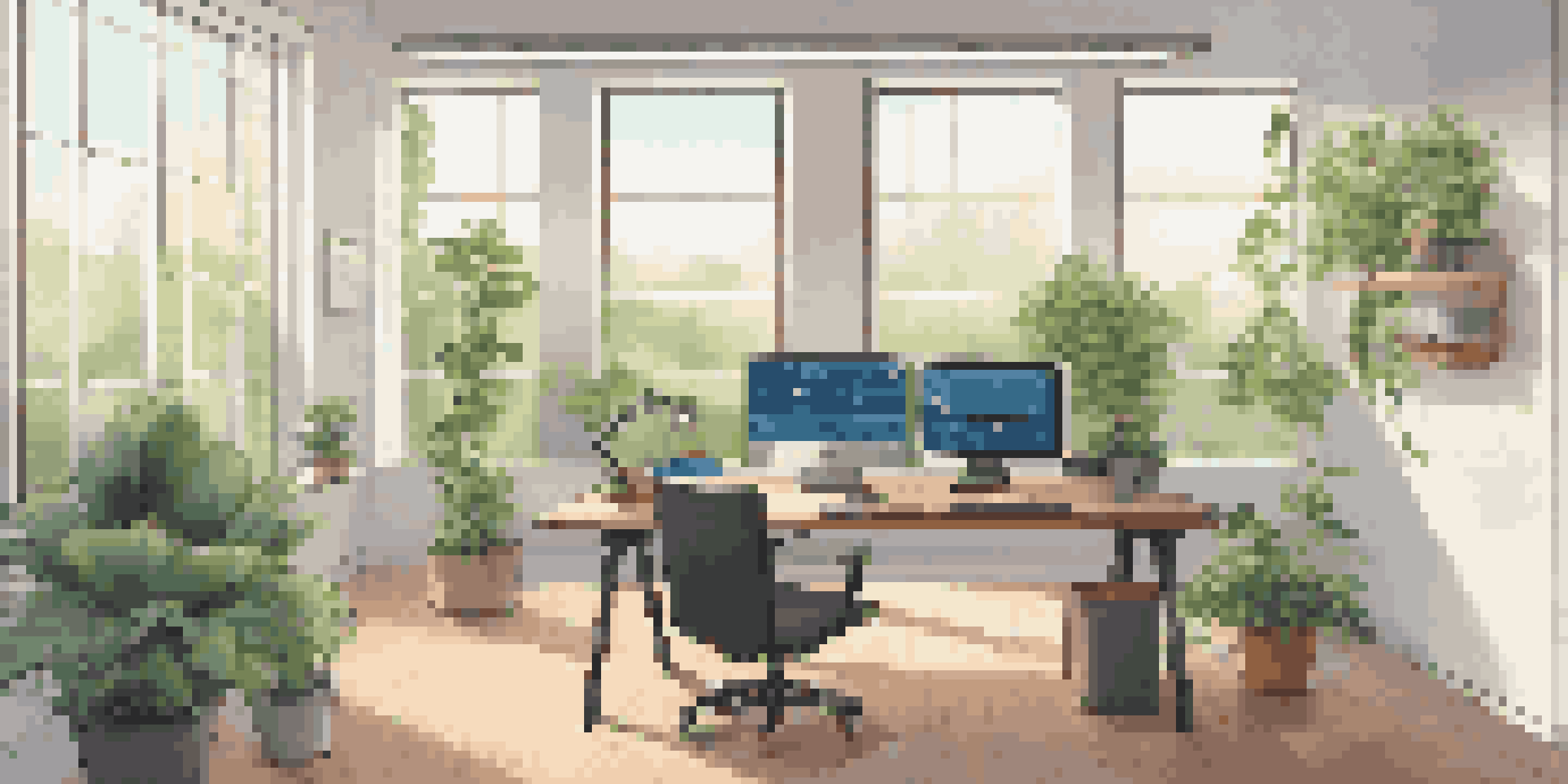 A calm and organized software development workspace with a computer showing analytics, natural light, and greenery visible outside the window.