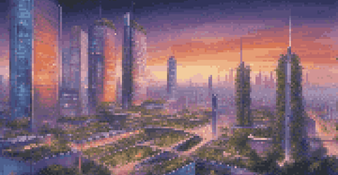 A futuristic city skyline in dusk with advanced buildings, 5G towers emitting blue lights, and autonomous vehicles on the streets under a colorful sky.