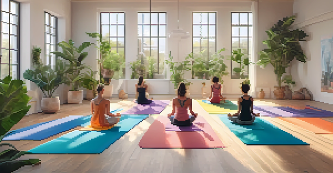 A bright yoga studio with young women practicing yoga poses, enhanced by natural light and calming decor.