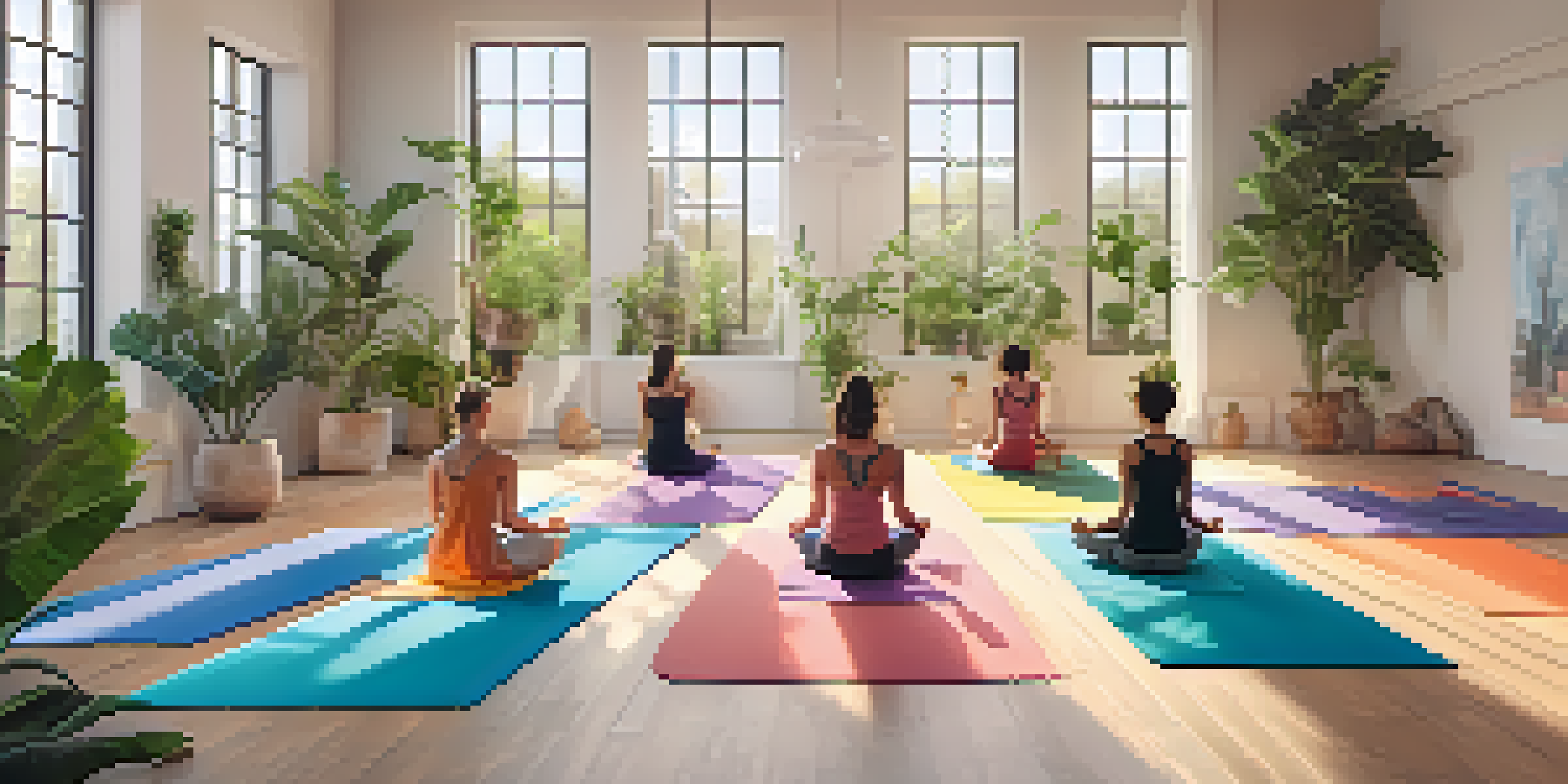 A bright yoga studio with young women practicing yoga poses, enhanced by natural light and calming decor.